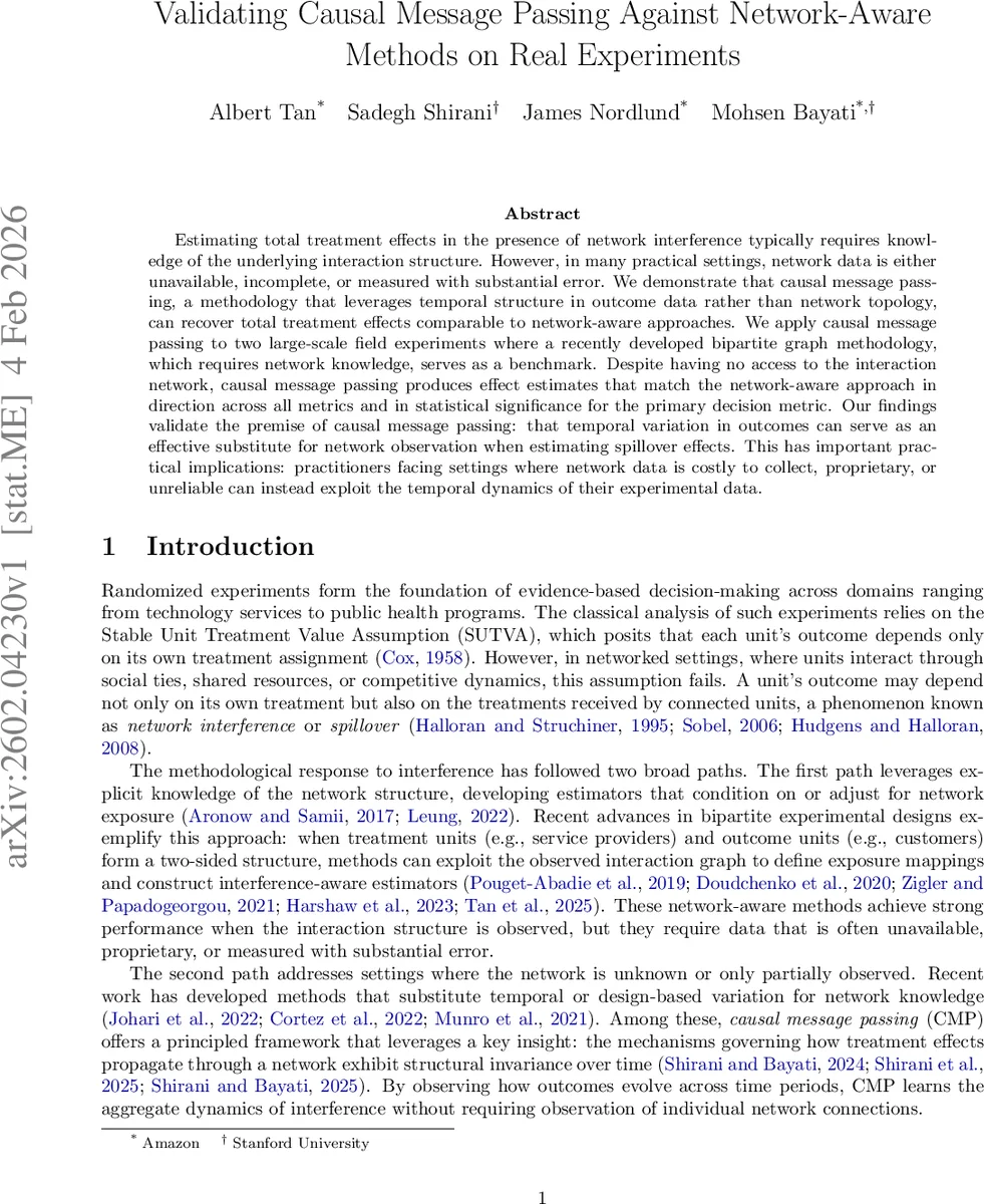 Validating Causal Message Passing Against Network-Aware Methods on Real Experiments