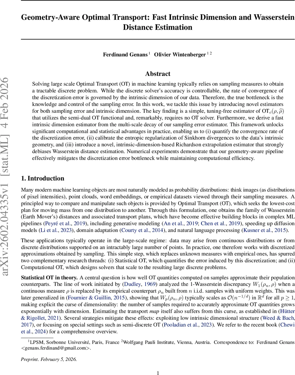 Geometry-Aware Optimal Transport: Fast Intrinsic Dimension and Wasserstein Distance Estimation