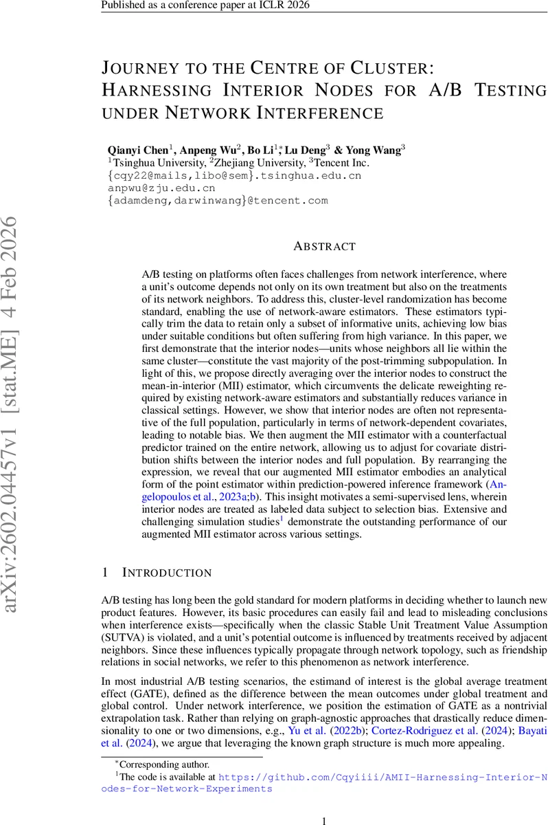 Journey to the Centre of Cluster: Harnessing Interior Nodes for A/B Testing under Network Interference