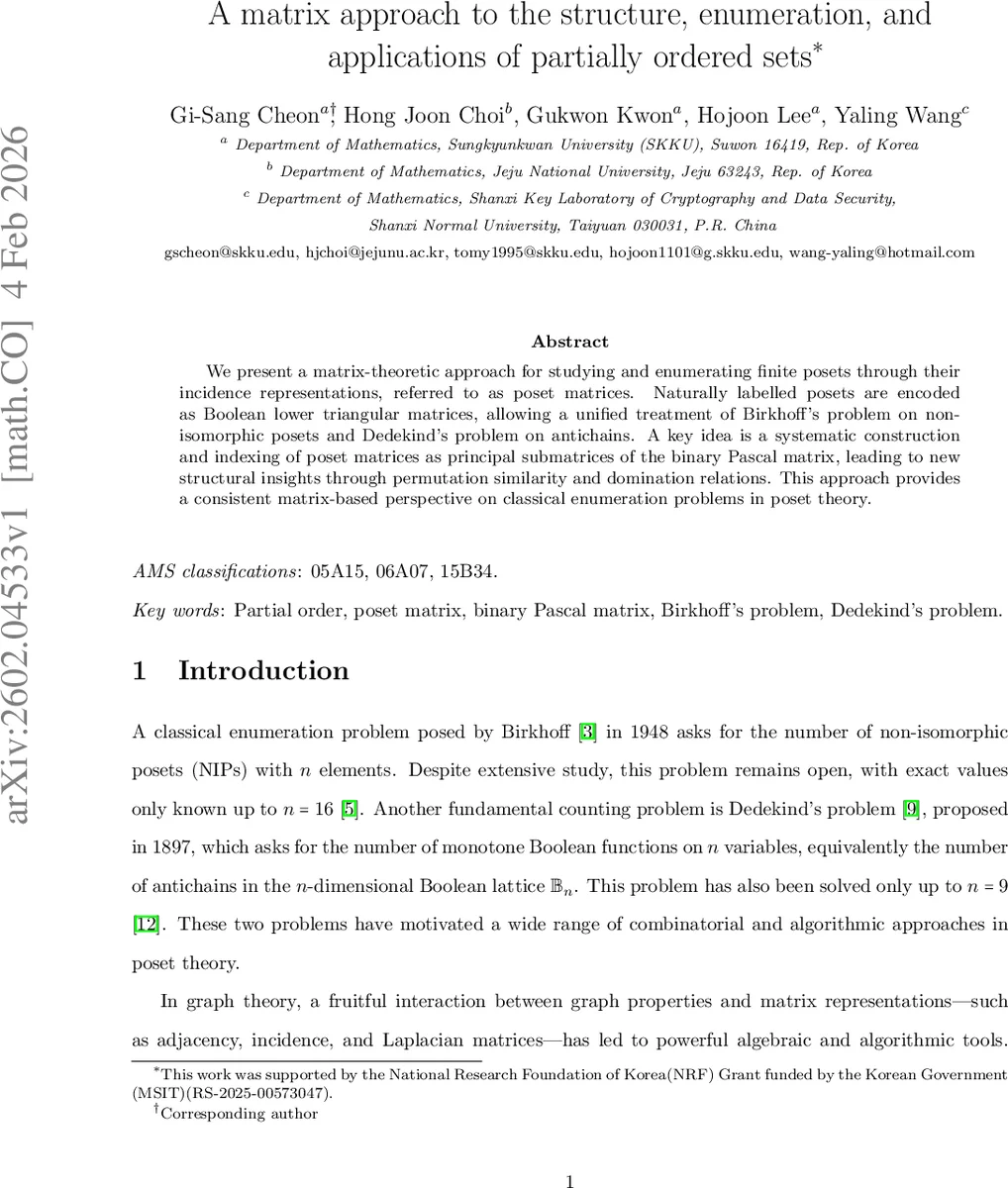 A matrix approach to the structure, enumeration, and applications of partially ordered sets