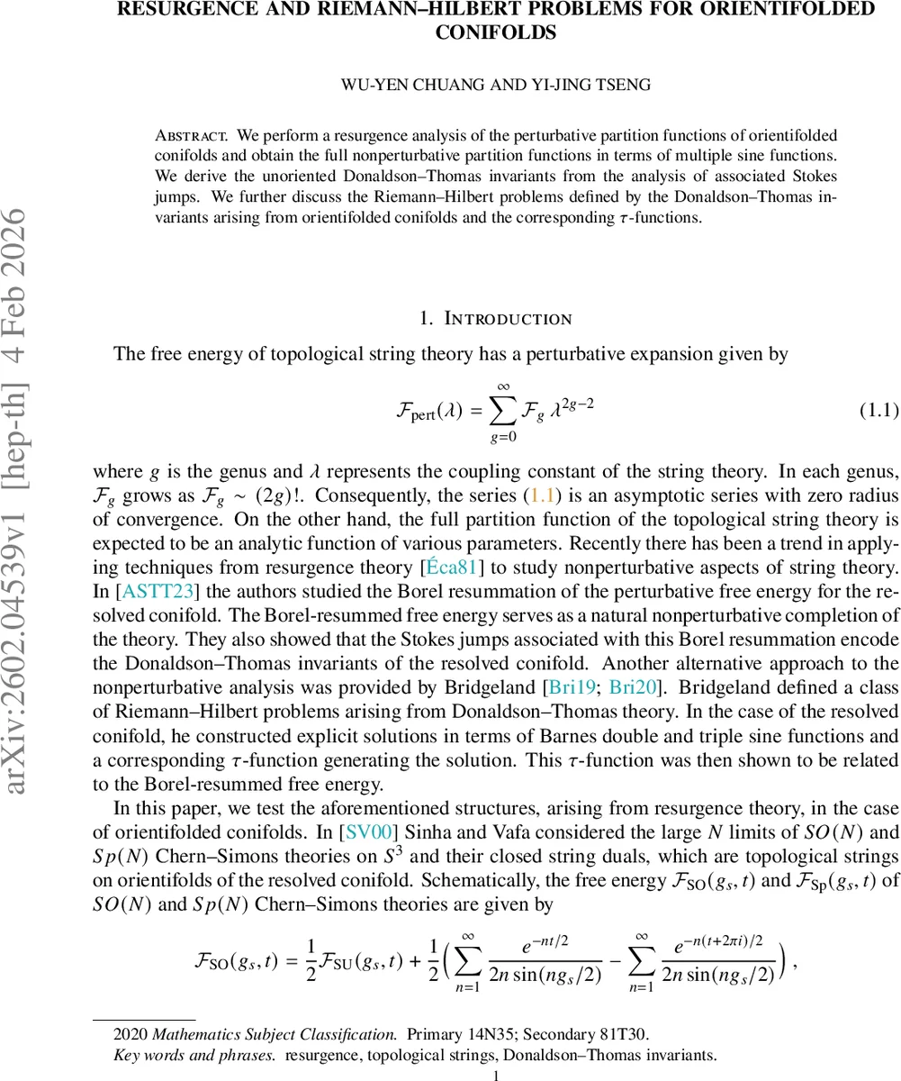 Resurgence and Riemann--Hilbert problems for orientifolded conifolds