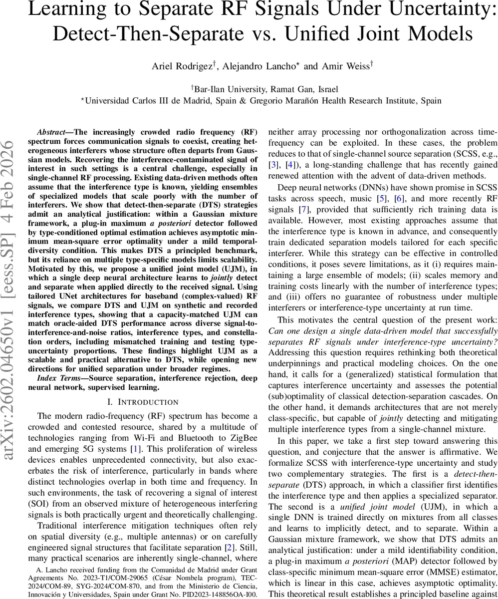 Learning to Separate RF Signals Under Uncertainty: Detect-Then-Separate vs. Unified Joint Models