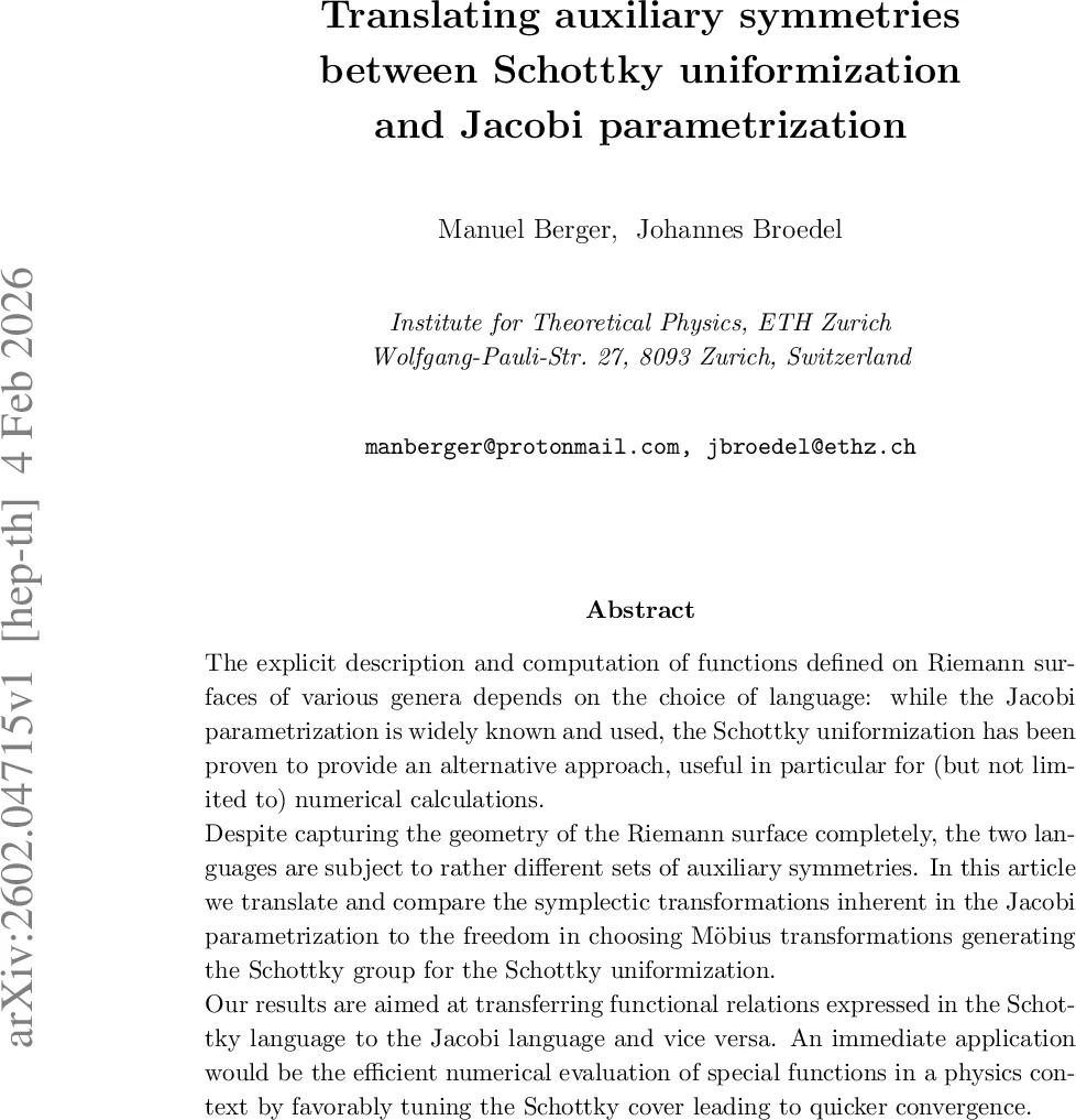 Translating auxiliary symmetries between Schottky uniformization and Jacobi parametrization