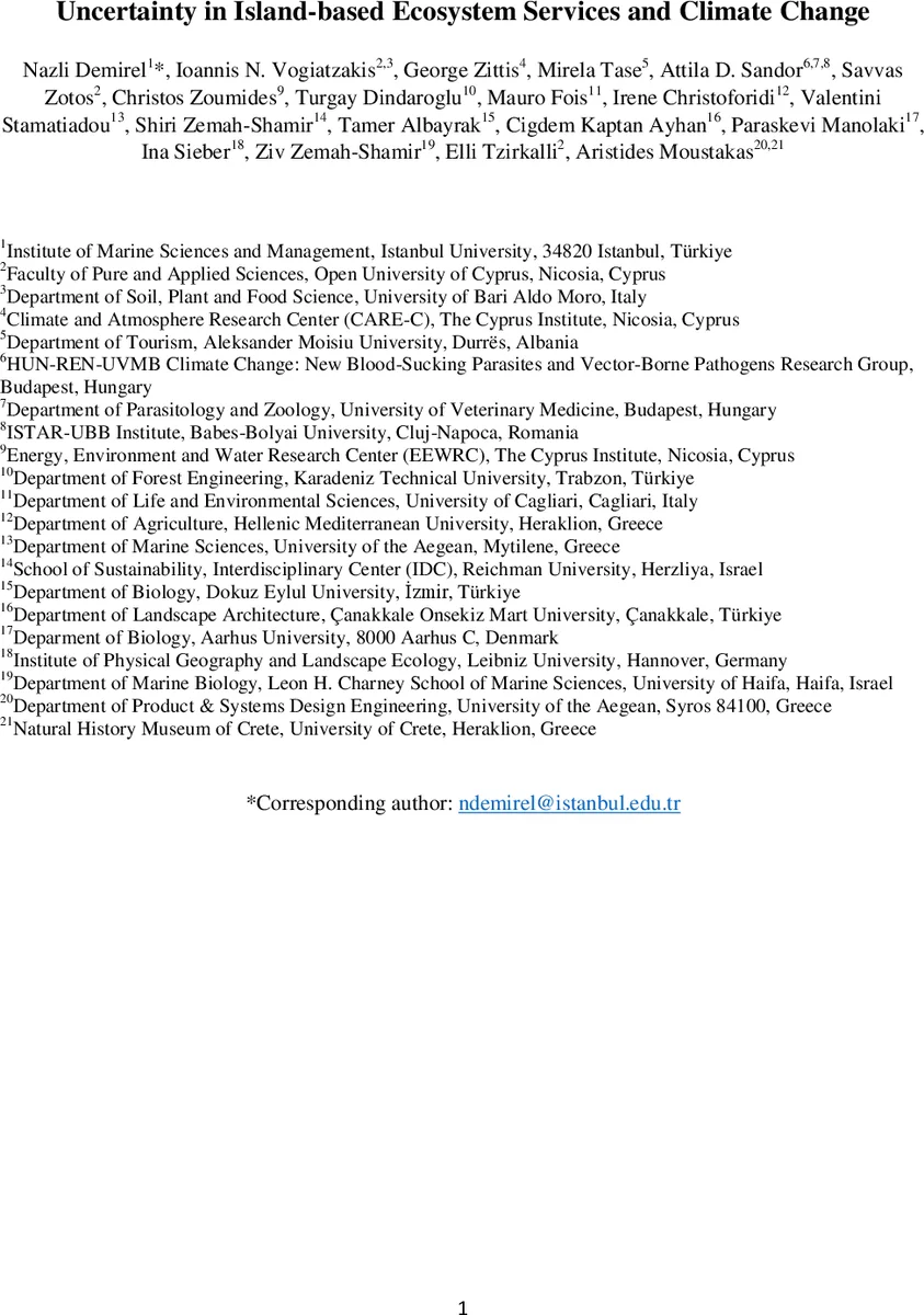 Uncertainty in Island-based Ecosystem Services and Climate Change