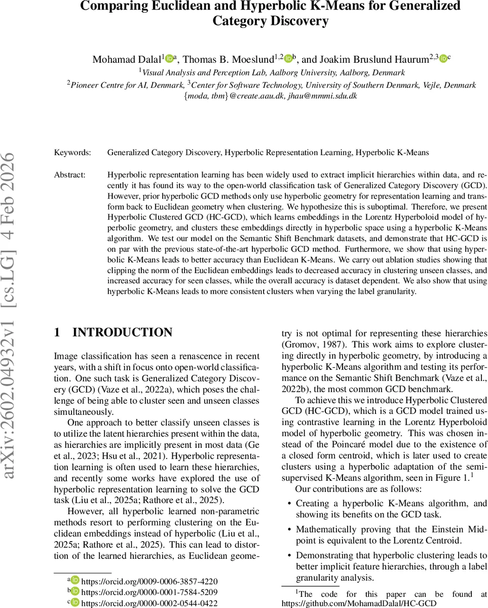 Comparing Euclidean and Hyperbolic K-Means for Generalized Category Discovery