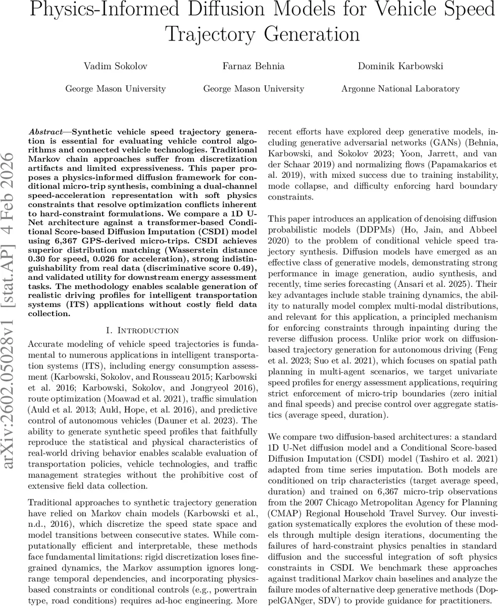 Physics-Informed Diffusion Models for Vehicle Speed Trajectory Generation