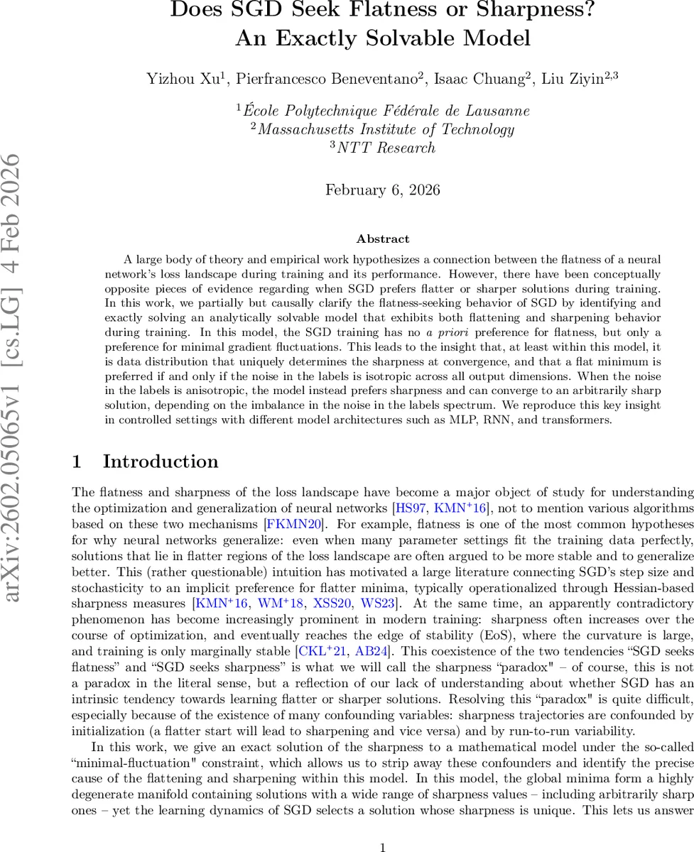 Does SGD Seek Flatness or Sharpness? An Exactly Solvable Model