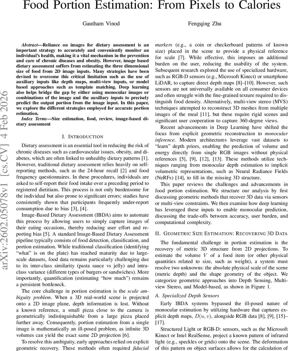 Food Portion Estimation: From Pixels to Calories