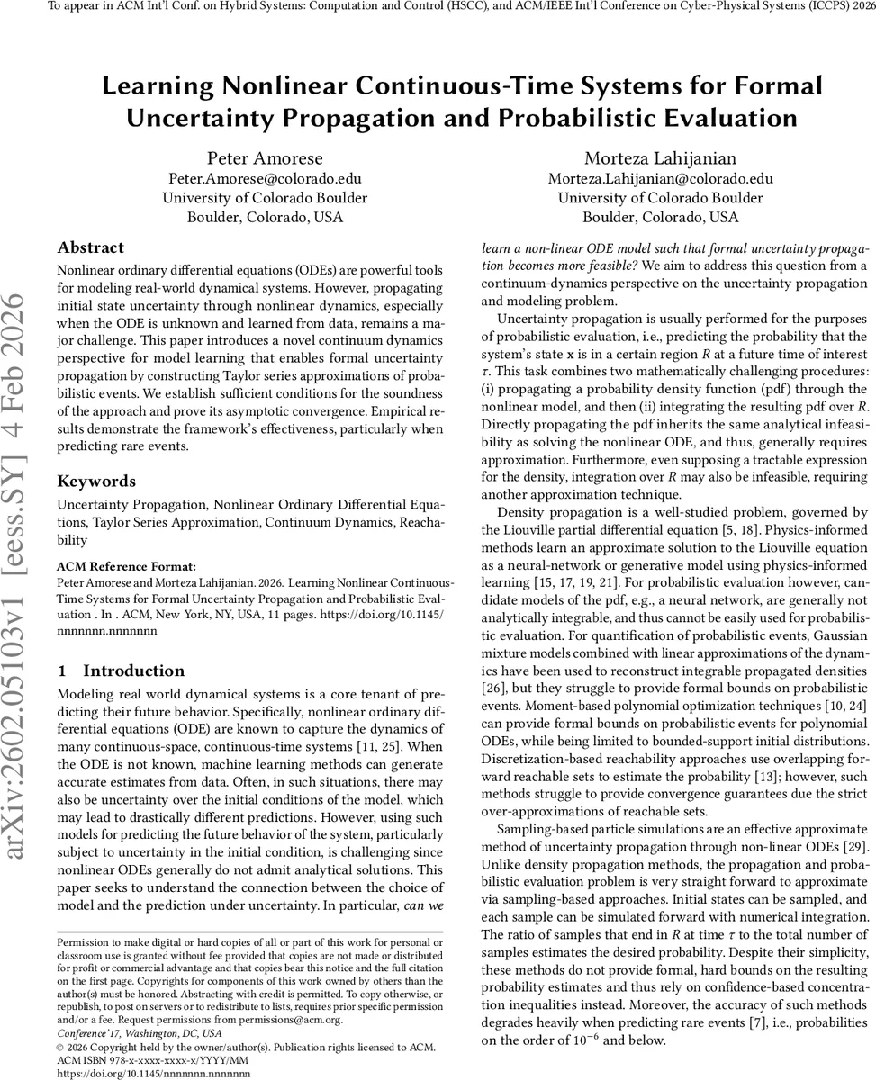 Learning Nonlinear Continuous-Time Systems for Formal Uncertainty Propagation and Probabilistic Evaluation