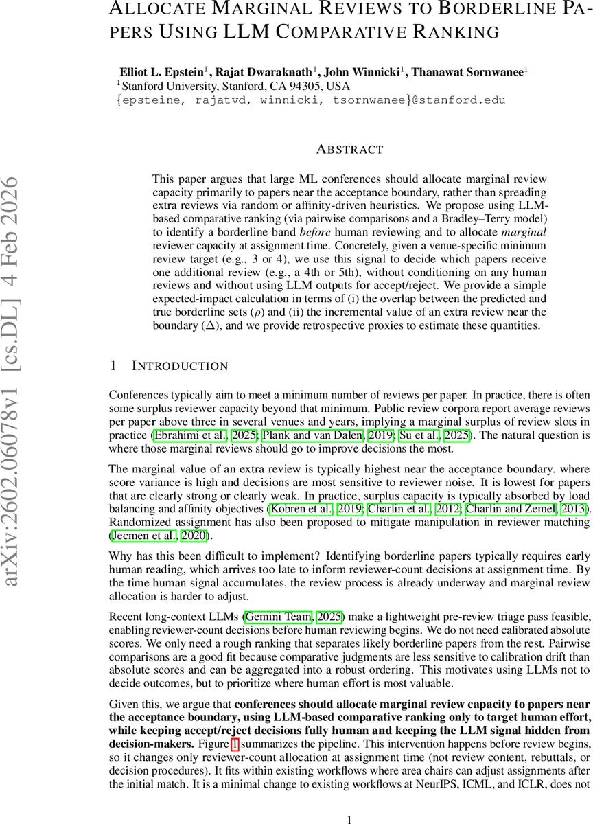 Allocate Marginal Reviews to Borderline Papers Using LLM Comparative Ranking