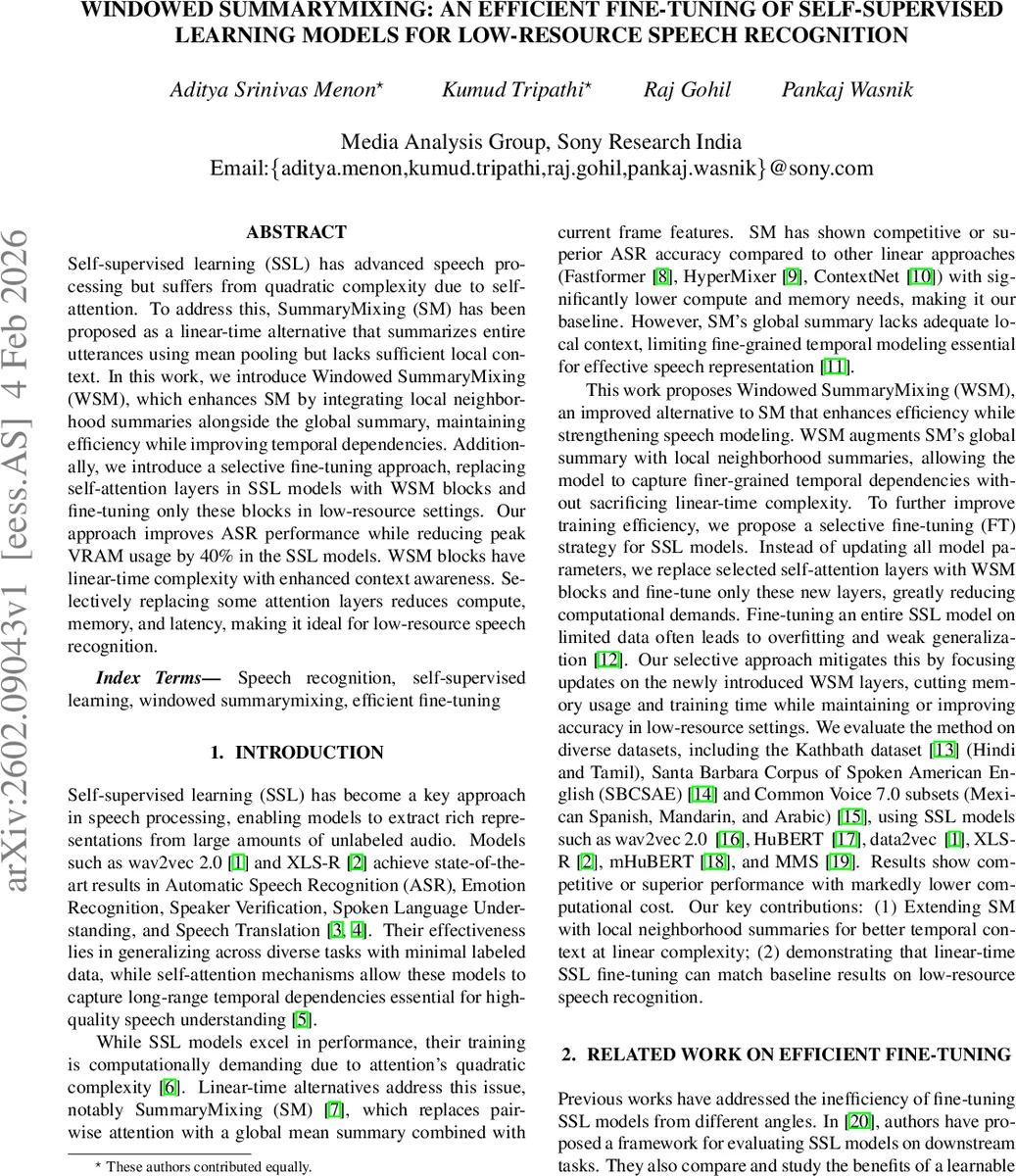Windowed SummaryMixing: An Efficient Fine-Tuning of Self-Supervised Learning Models for Low-resource Speech Recognition
