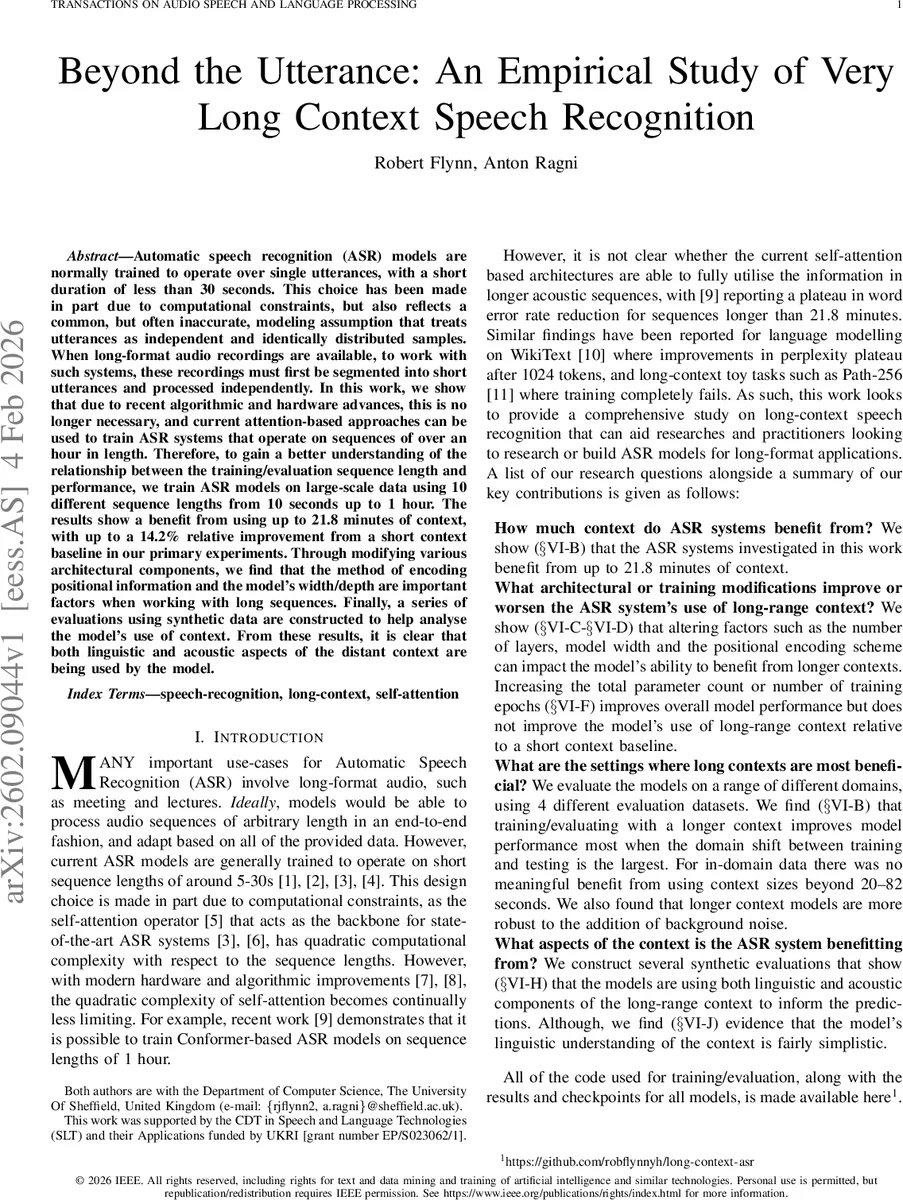 Beyond the Utterance: An Empirical Study of Very Long Context Speech Recognition