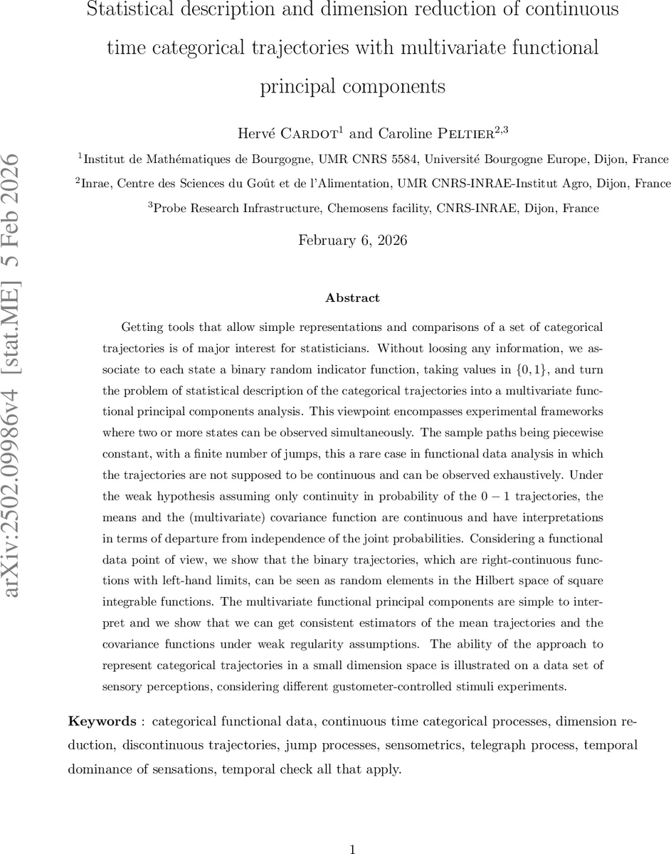 Statistical description and dimension reduction of continuous time categorical trajectories with multivariate functional principal components