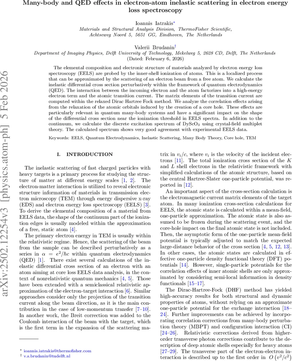 Many-body and QED effects in electron-atom inelastic scattering in EELS