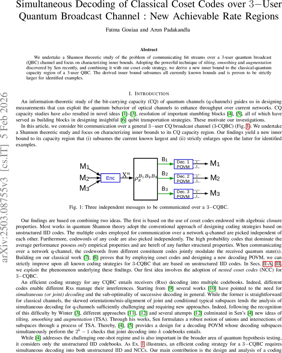 Simultaneous Decoding of Classical Coset Codes over $3-$User Quantum Broadcast Channel: New Achievable Rate Regions