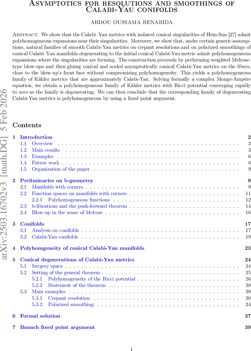 Asymptotics for resolutions and smoothings of Calabi-Yau conifolds