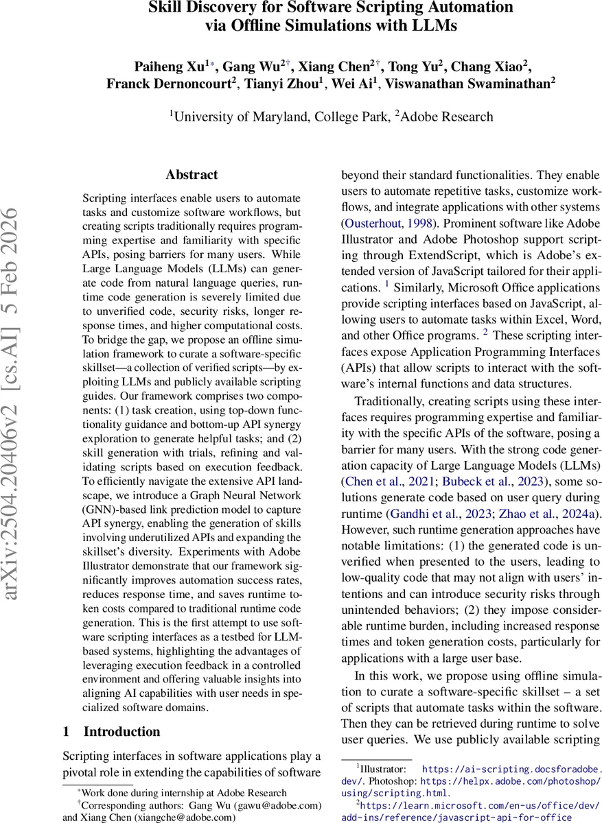 Skill Discovery for Software Scripting Automation via Offline Simulations with LLMs