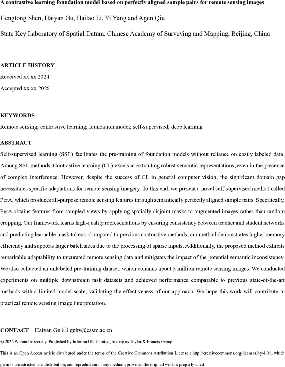 A Contrastive Learning Foundation Model Based on Perfectly Aligned Sample Pairs for Remote Sensing Images