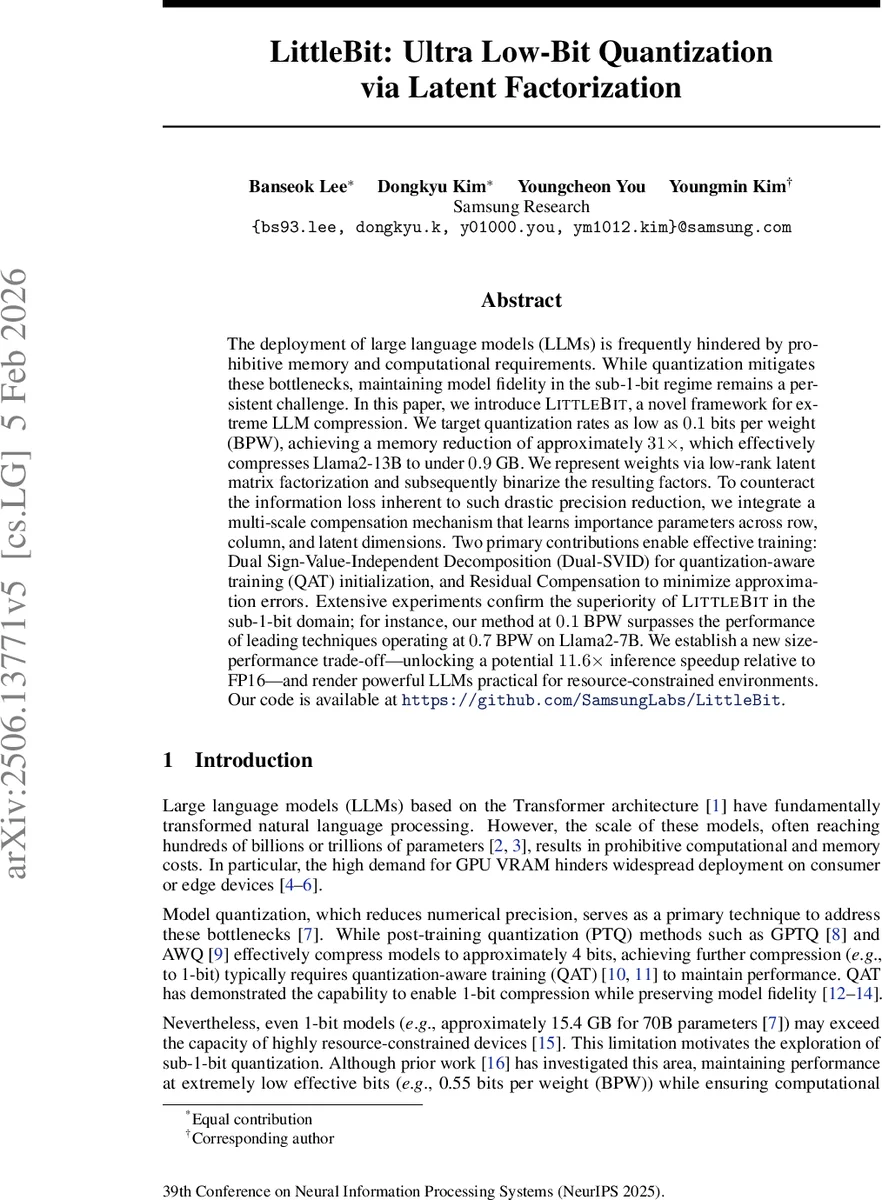 LittleBit: Ultra Low-Bit Quantization via Latent Factorization