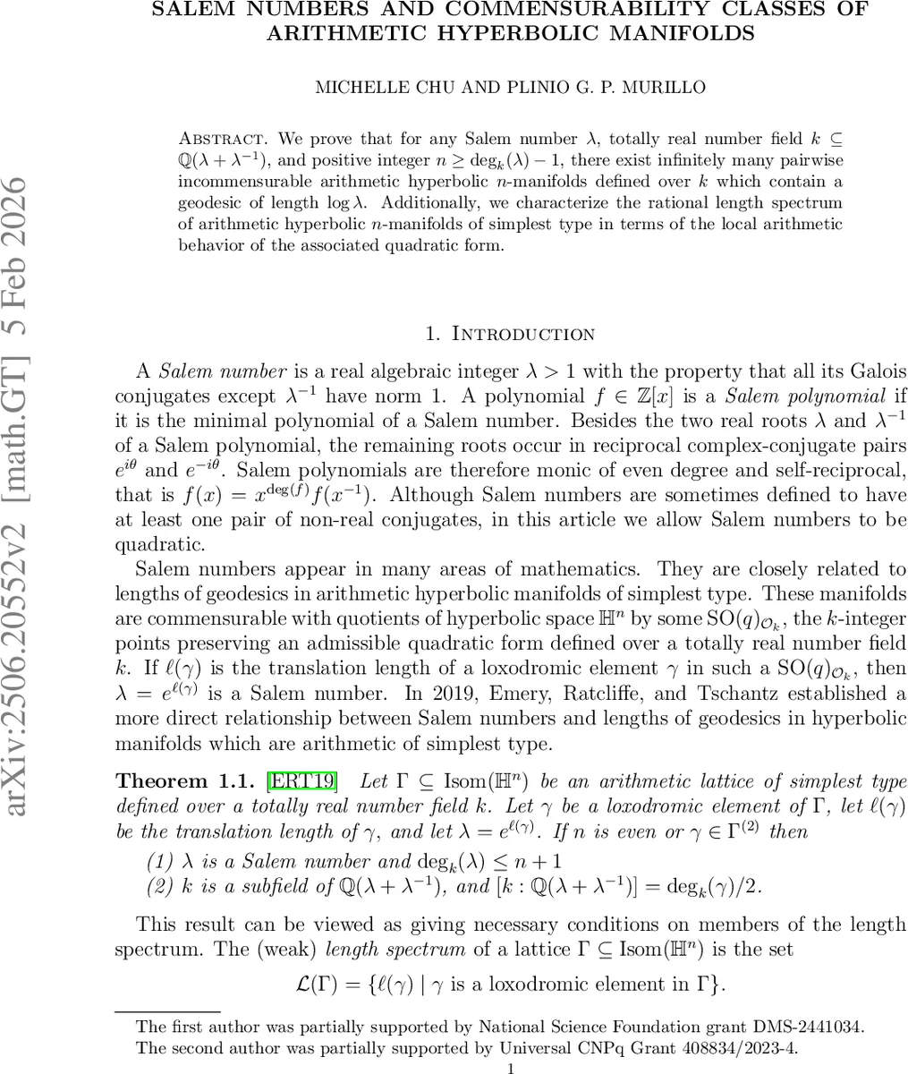 Salem numbers and commensurability classes of arithmetic hyperbolic manifolds
