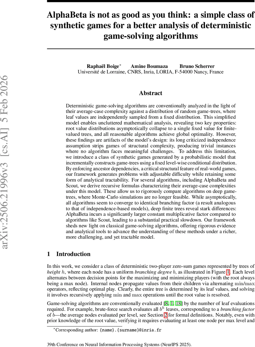 AlphaBeta is not as good as you think: a simple class of synthetic games for a better analysis of deterministic game-solving algorithms