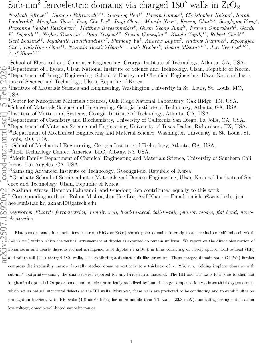 Sub-nm2 ferroelectric domains via charged 180 degree walls in ZrO2
