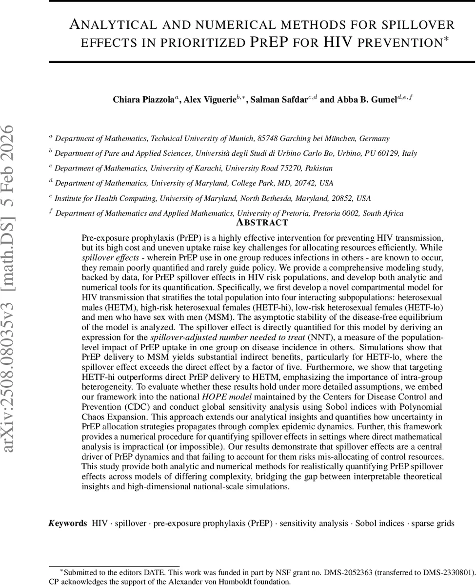 Analytical and numerical methods for spillover effects in prioritized PrEP for HIV prevention