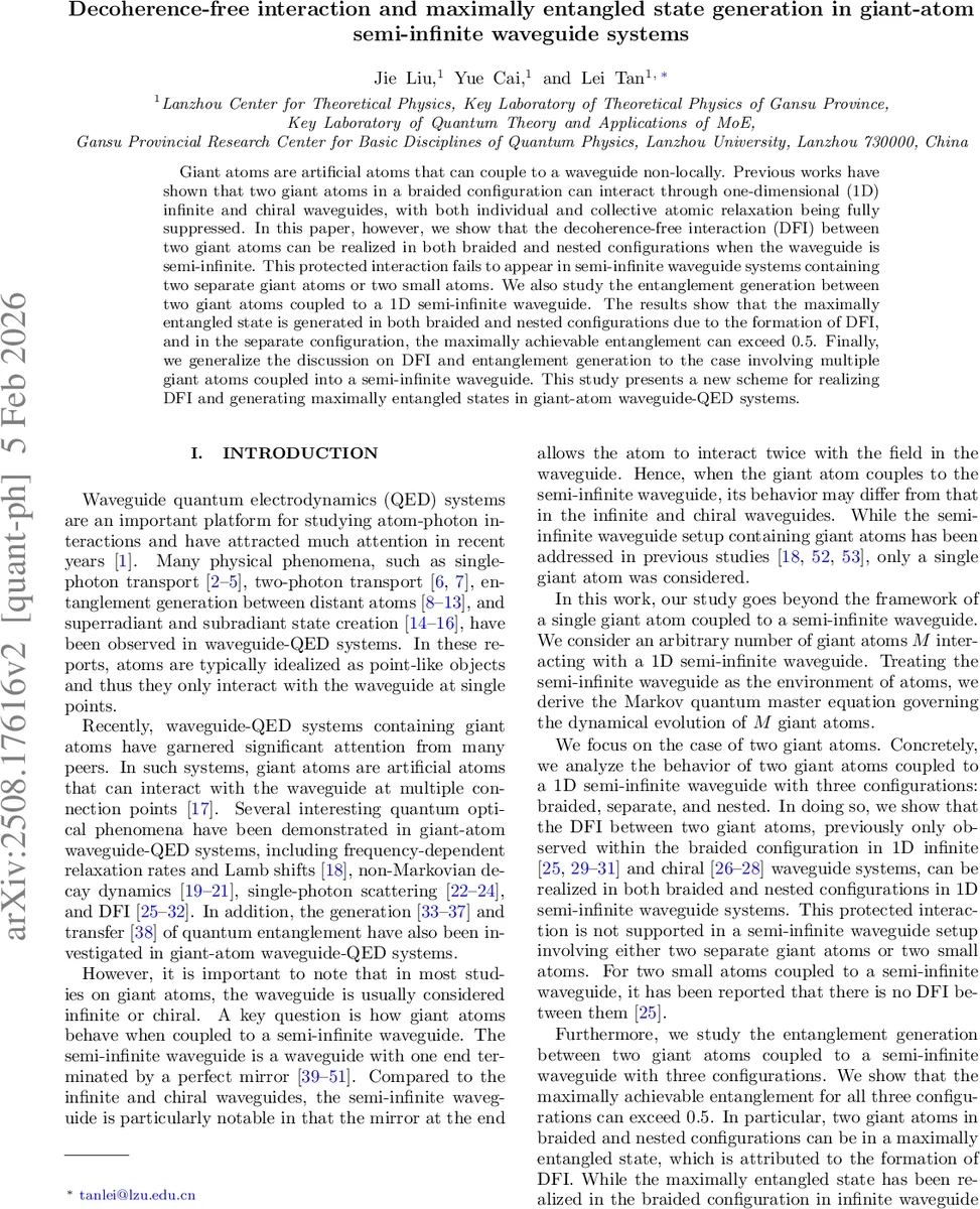 Decoherence-free interaction and maximally entangled state generation in giant-atom semi-infinite waveguide systems