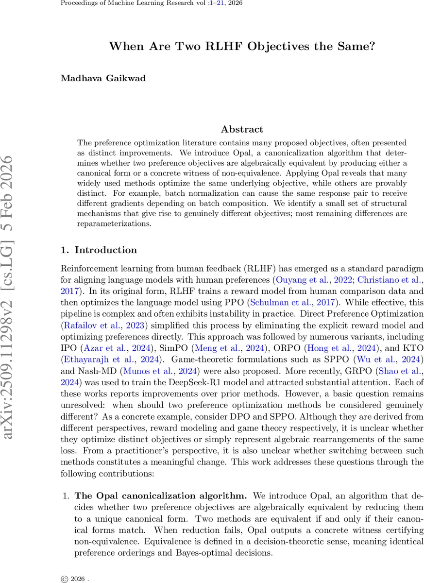 When Are Two RLHF Objectives the Same?