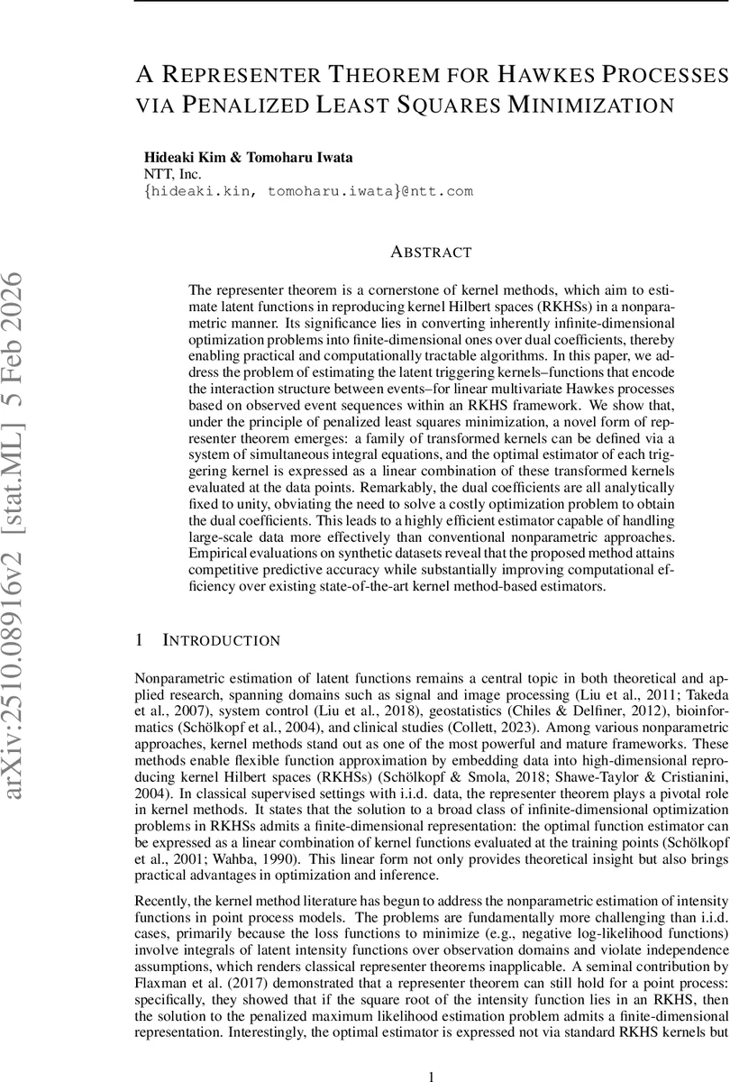 A Representer Theorem for Hawkes Processes via Penalized Least Squares Minimization