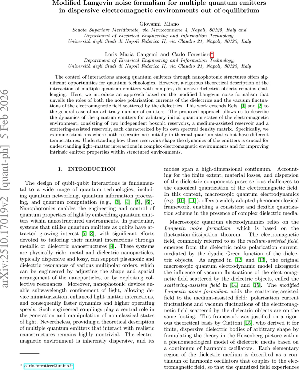 Modified Langevin noise formalism for multiple quantum emitters in dispersive electromagnetic environments out of equilibrium