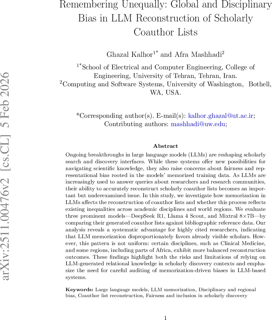 Remembering Unequally: Global and Disciplinary Bias in LLM Reconstruction of Scholarly Coauthor Lists