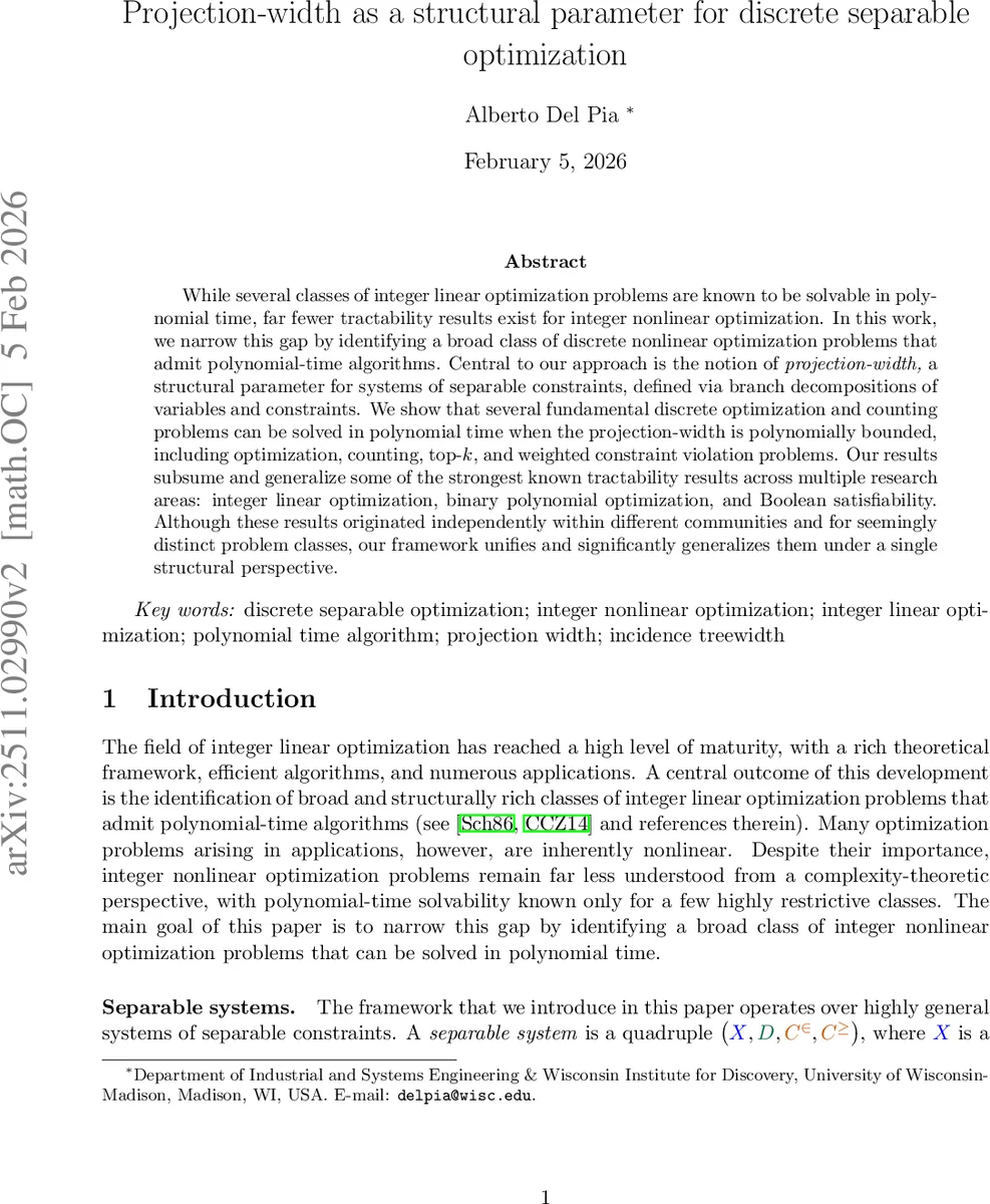 Projection-width as a structural parameter for discrete separable optimization