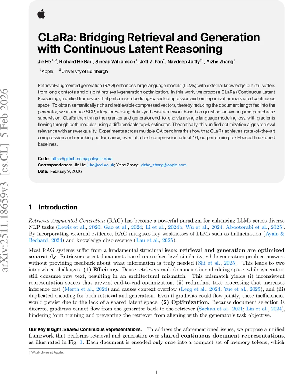 CLaRa: Bridging Retrieval and Generation with Continuous Latent Reasoning