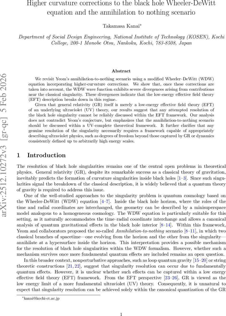 Higher curvature corrections to the black hole Wheeler-DeWitt equation and the annihilation to nothing scenario