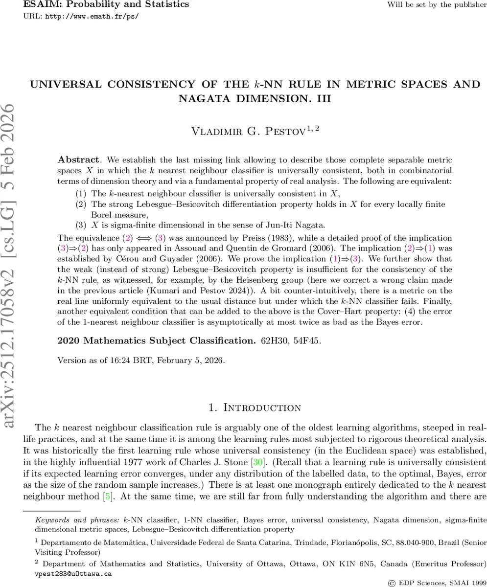 Universal consistency of the $k$-NN rule in metric spaces and Nagata dimension. III