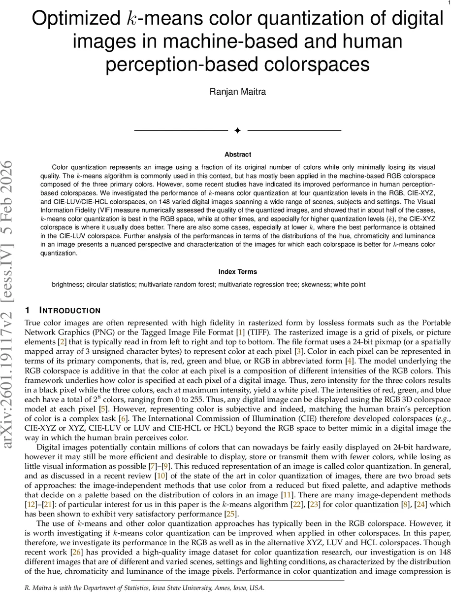 Optimized $k$-means color quantization of digital images in machine-based and human perception-based colorspaces