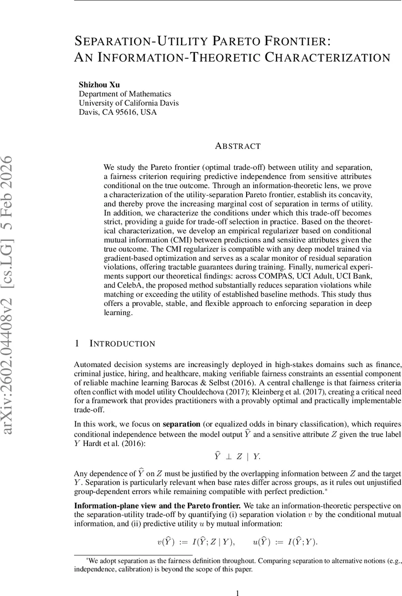 Separation-Utility Pareto Frontier: An Information-Theoretic Characterization