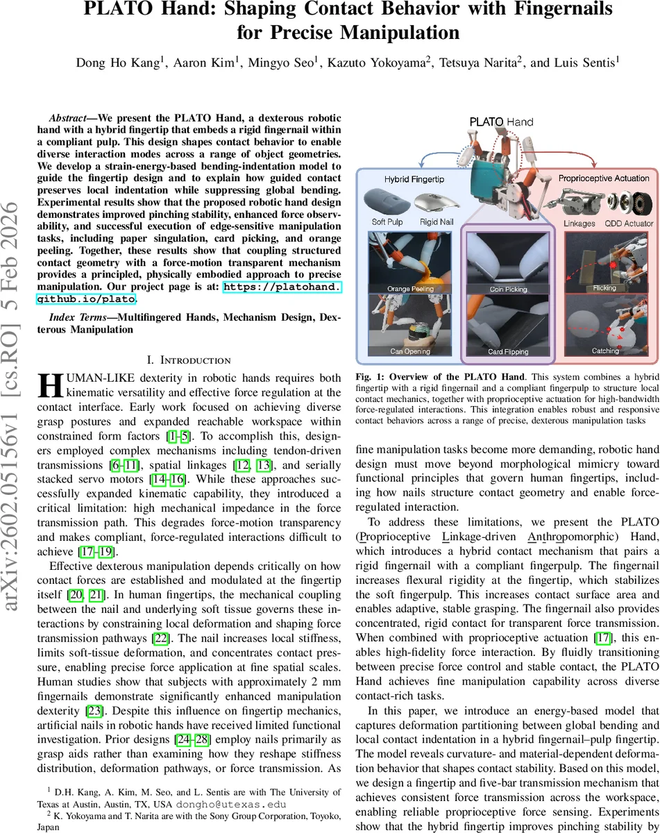 PLATO Hand: Shaping Contact Behavior with Fingernails for Precise Manipulation