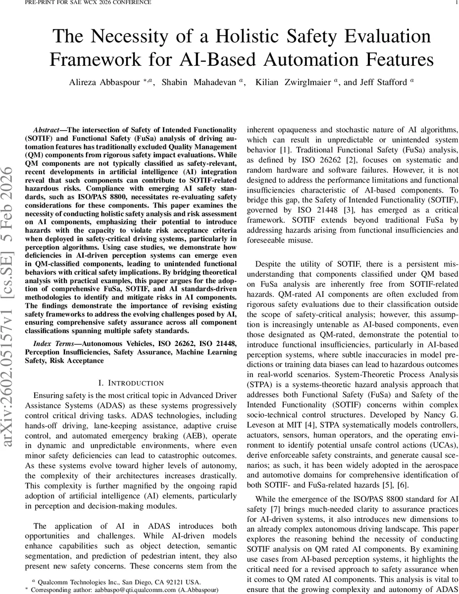 The Necessity of a Holistic Safety Evaluation Framework for AI-Based Automation Features
