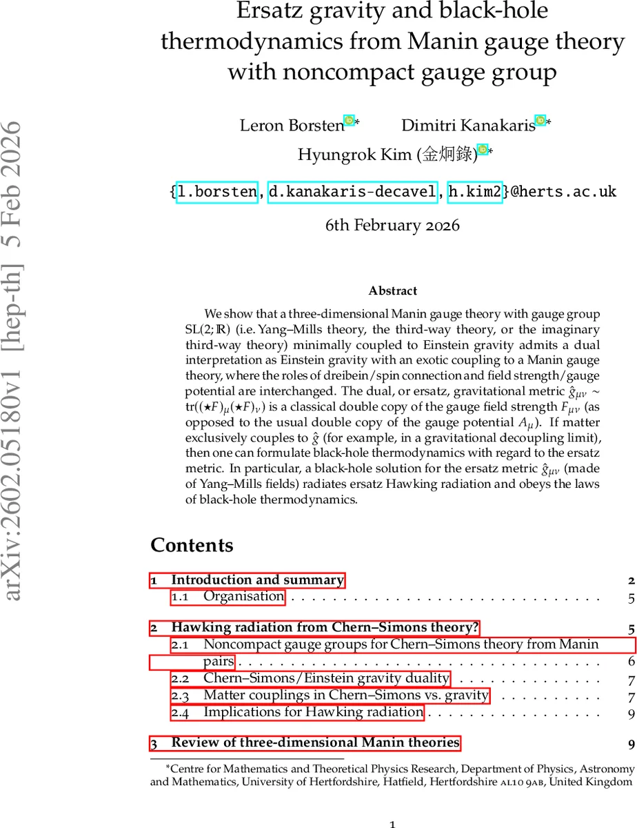 Ersatz gravity and black-hole thermodynamics from Manin gauge theory with noncompact gauge group