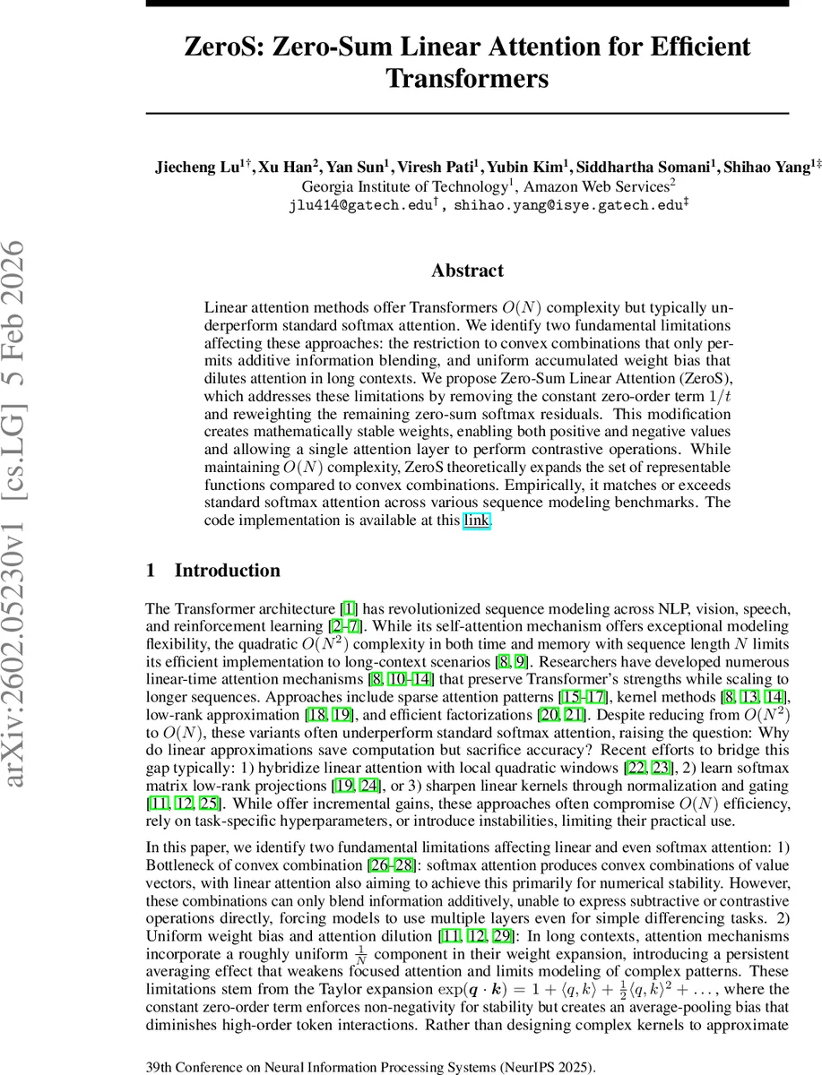 ZeroS: Zero-Sum Linear Attention for Efficient Transformers