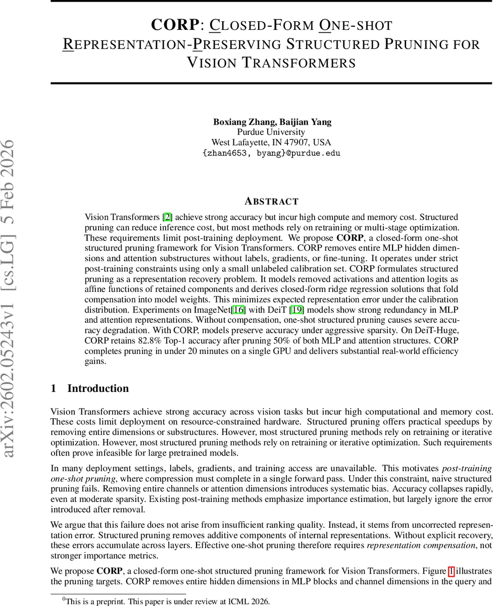 CORP: Closed-Form One-shot Representation-Preserving Structured Pruning for Vision Transformers