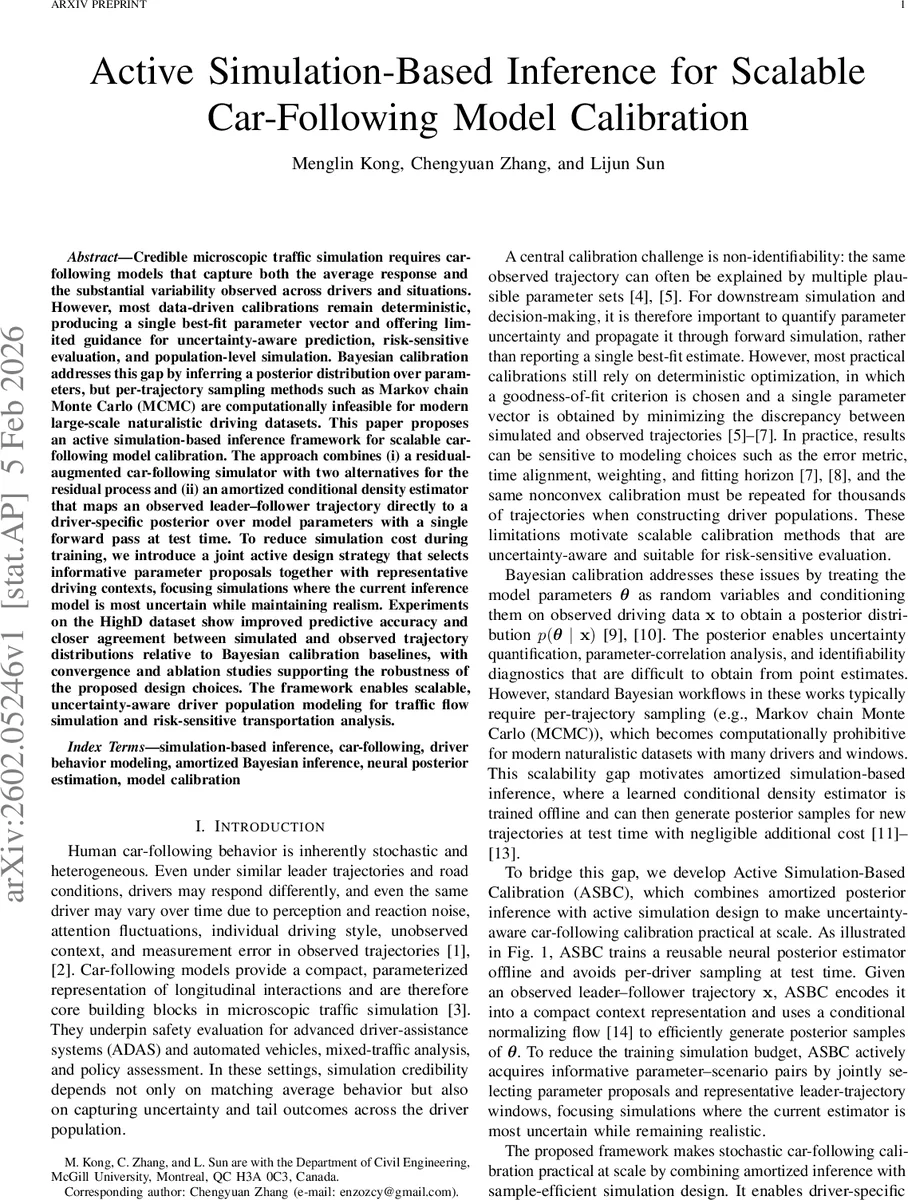 Active Simulation-Based Inference for Scalable Car-Following Model Calibration