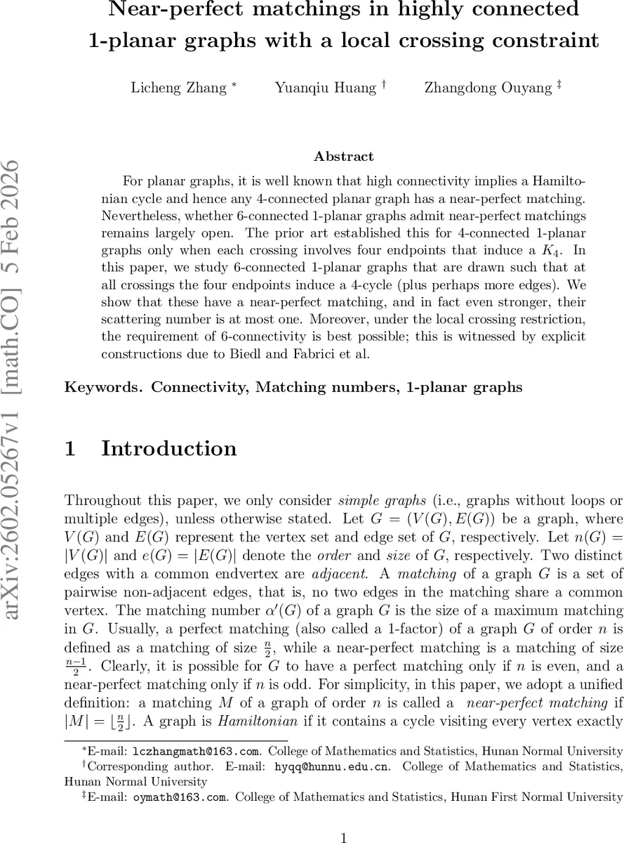 Near-perfect matchings in highly connected 1-planar graphs with a local crossing constraint