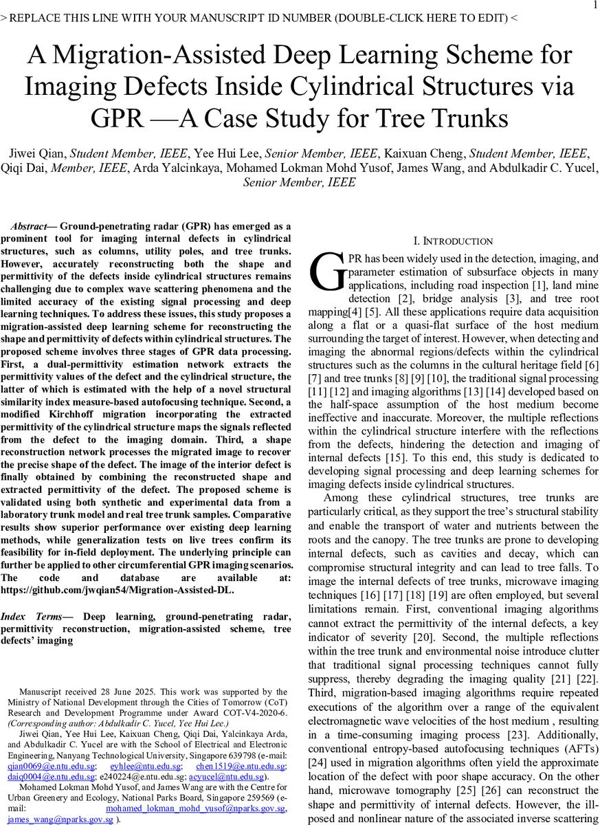 A Migration-Assisted Deep Learning Scheme for Imaging Defects Inside Cylindrical Structures via GPR: A Case Study for Tree Trunks