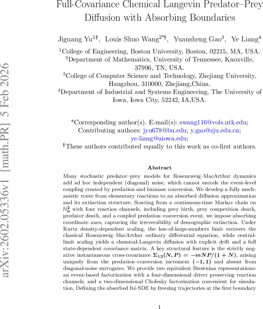 Full-Covariance Chemical Langevin Predator--Prey Diffusion with Absorbing Boundaries