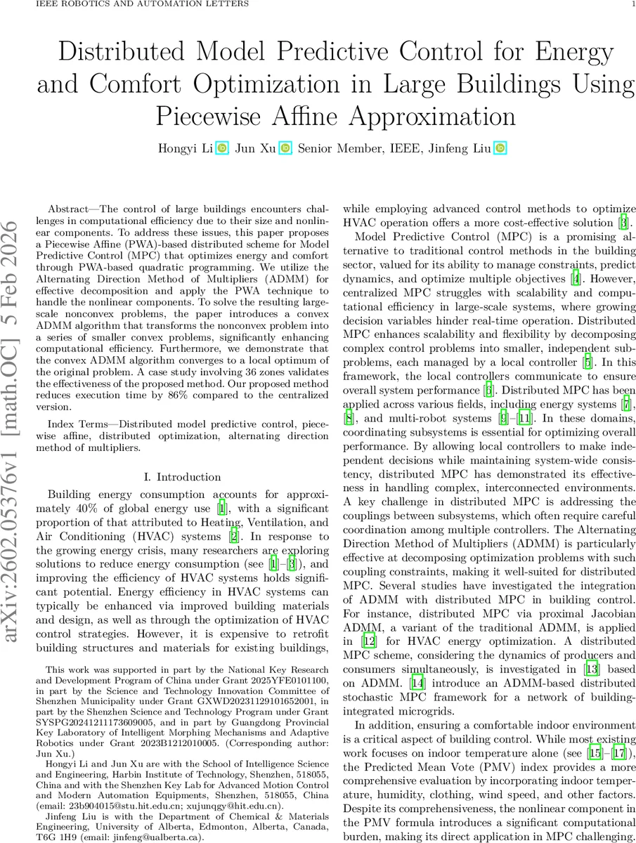 Distributed Model Predictive Control for Energy and Comfort Optimization in Large Buildings Using Piecewise Affine Approximation