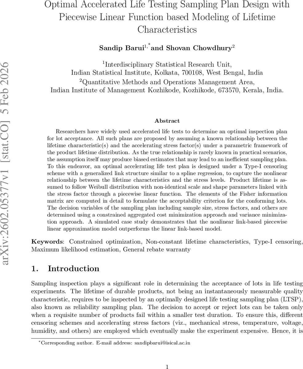 Optimal Accelerated Life Testing Sampling Plan Design with Piecewise Linear Function based Modeling of Lifetime Characteristics