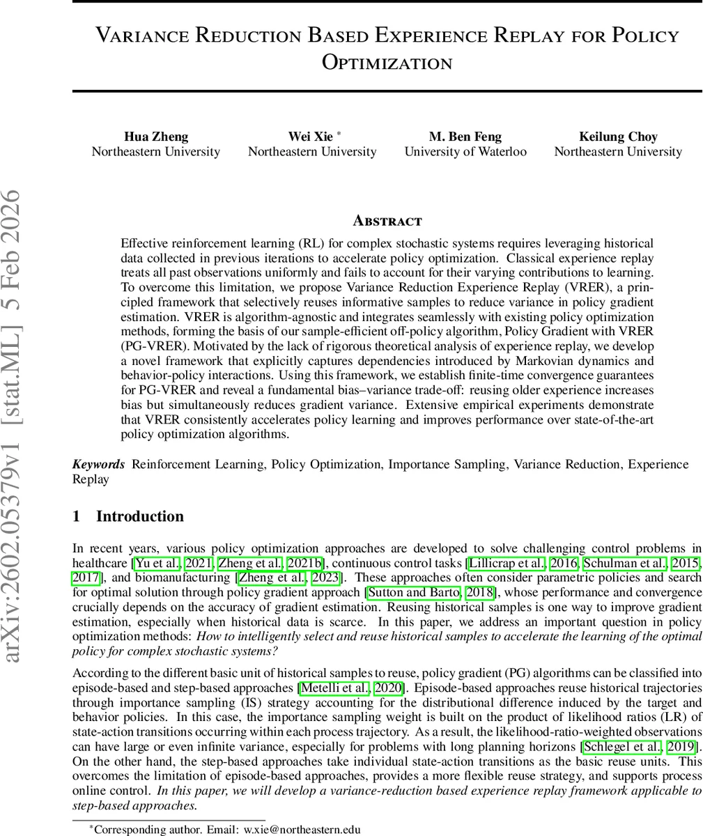 Variance Reduction Based Experience Replay for Policy Optimization